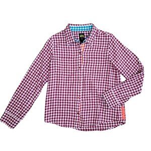 Stussy checkard maroon and white long sleeve button up rainbow shirt size Medium